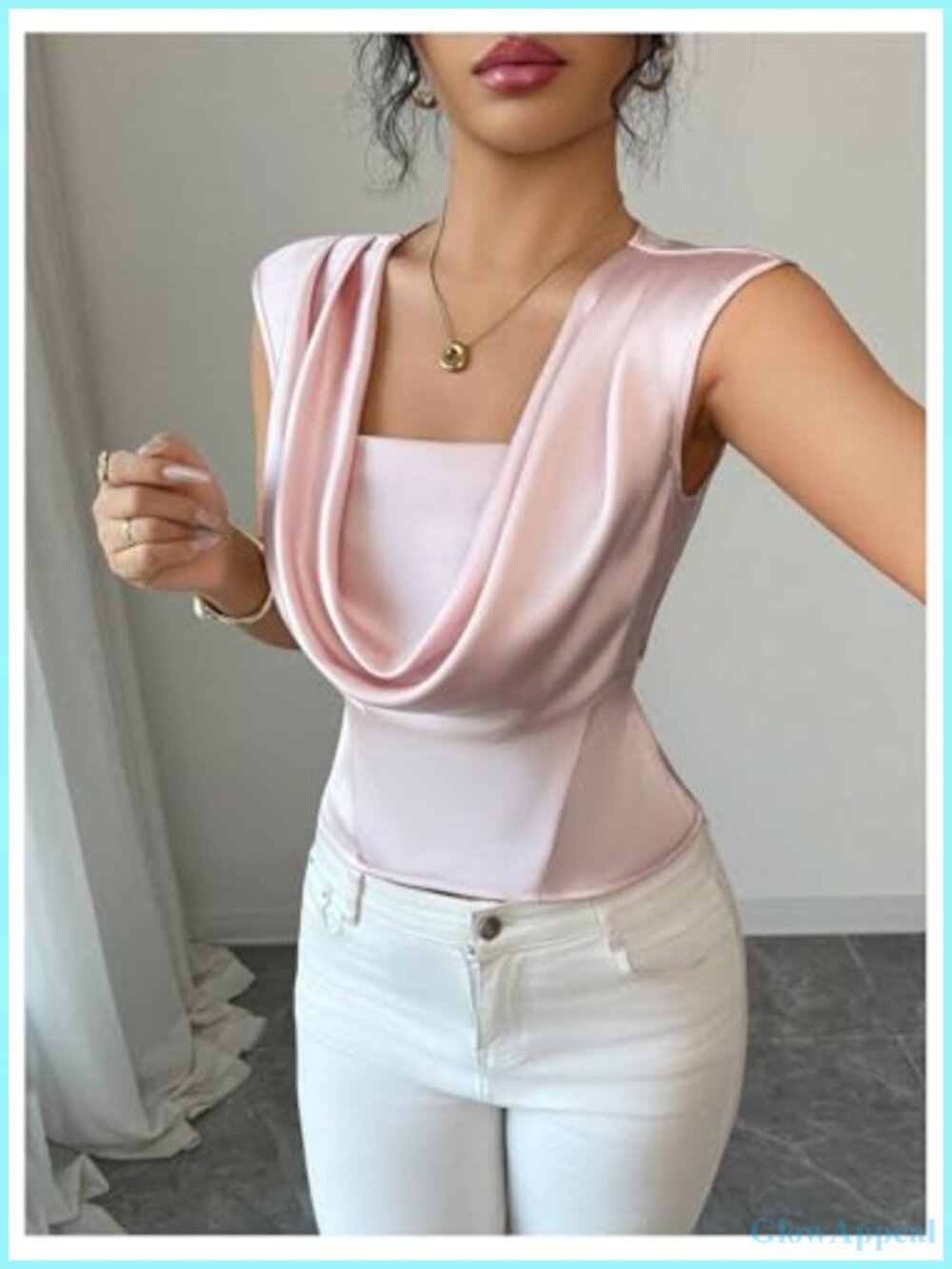 Silky Sleeveless Blouse Cowl Neck Ruched Tie Back Top - Picture 2 of 4